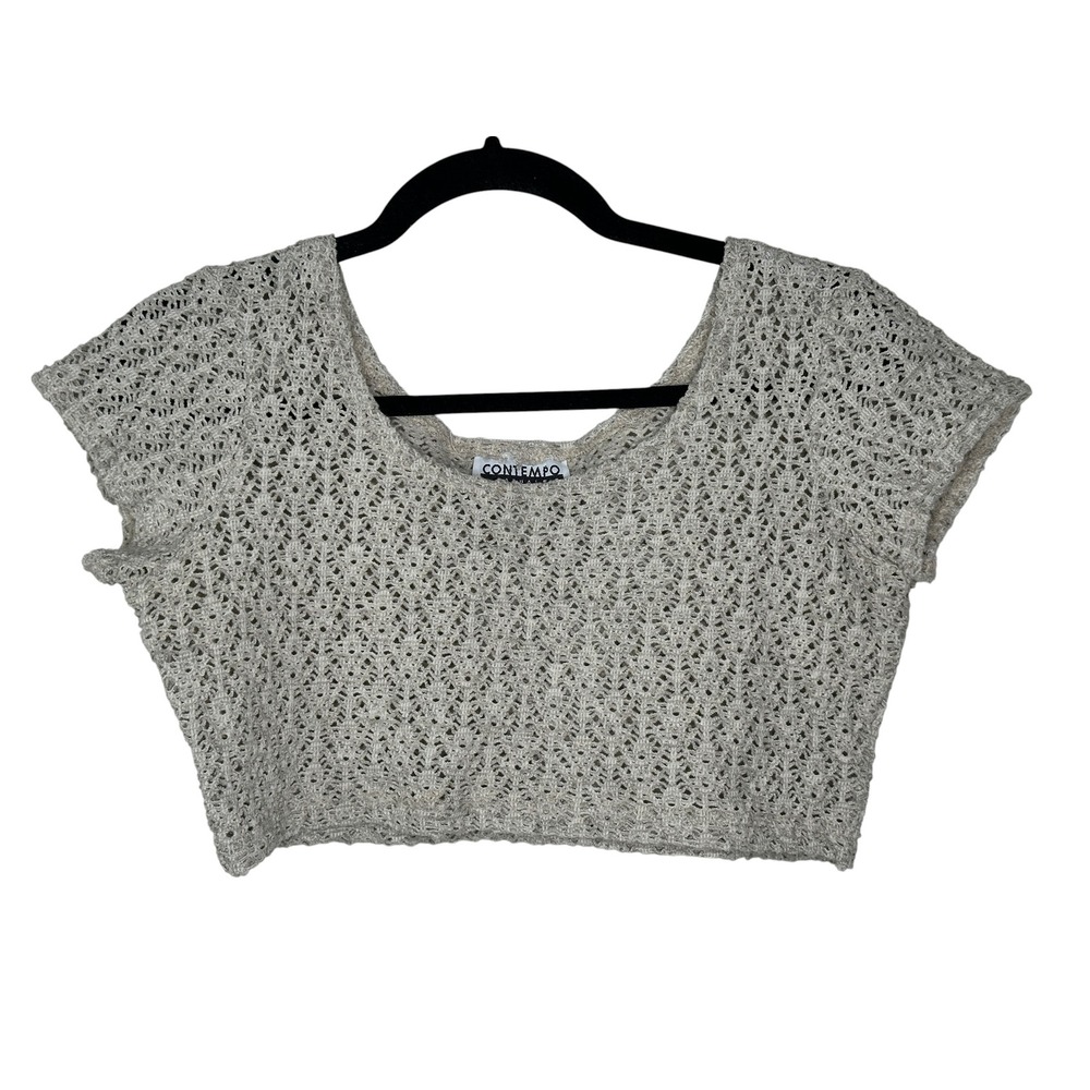Contempo Casuals Crop Top Large Beige Vintage 90s Crochet Knit Scoop Neck